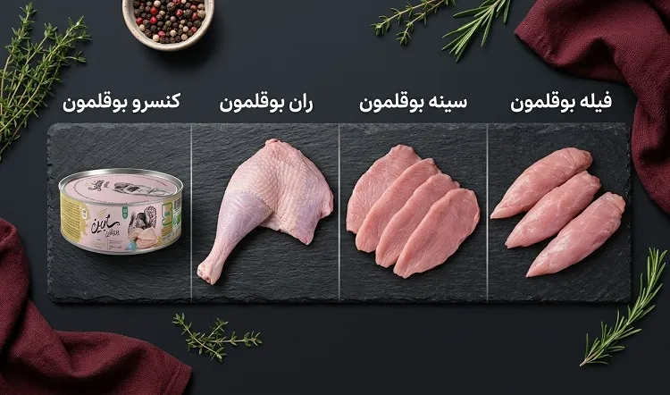 انواع گوشت بوقلمون: فیله، سینه، ران و کنسرو